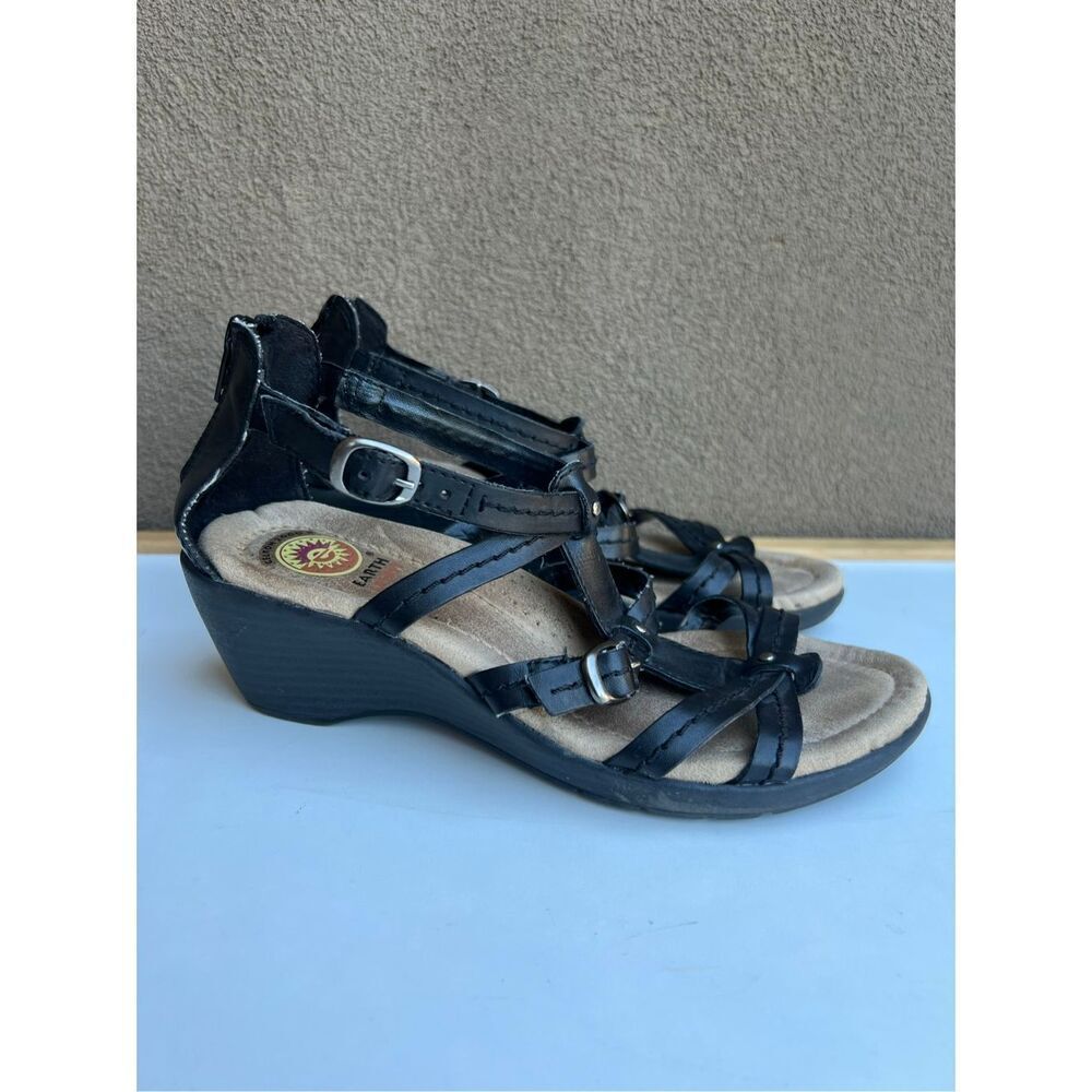 Earth Spirit Sandals Women Size 6 Black Leather Kelly Low Wedge Gladiator Strapp